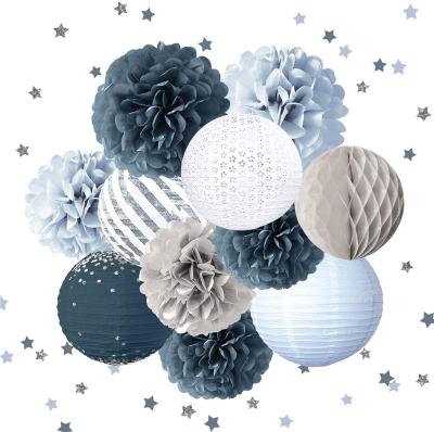 China Blue LUCKY Wedding Party Decorations Dusty Pom Poms Paper Lantern Party Supplies for Baby Shower Bridal Shower Romantic Wedding for sale