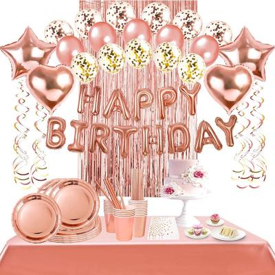 China LUCKY Rose Gold Birthday Party Supplies Rose Gold Party Decor Happy Birthday Balloons Paper Banner Plates Napkins Cups for sale