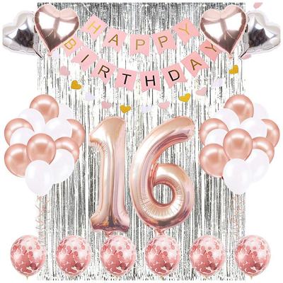 China LUCKY 16th Decorations Paper Supplies Set Happy Birthday Banner, 40 Inch Rose Gold Number 16 Birthday Balloons Silver Rain Curtain for sale