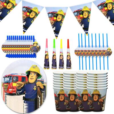 China Paper LUCKY Fireman Sam Birthday Party Supplies Disposable Paper Cups Kids Paper Plates Set Cutlery Birthday Supplies for sale