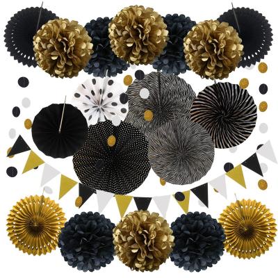 China LUCKY Black Paper &gold Hanging Paper Fans Pom Poms Flowers Bunting Flags for Birthday Parties Baby Showers Wedding Decor for sale