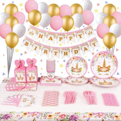 China LUCKY Pink Unicorn Party Decorations Supplies Paper Set Plates Tableware Happy Birthday Banner Party Balloons for sale