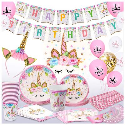 China LUCKY Unicorn Theme Party Supplies Paper Soup Plates Set Banner Paper Balloon Cake Topper Decoration For Girl Birthday Party for sale