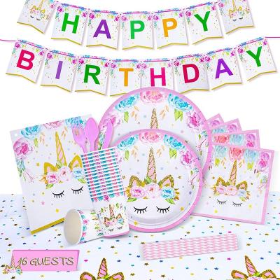 China LUCKY Unicorn Disposable Tableware Happy Birthday Party Supplies Set Birthday Paper Decoration for sale