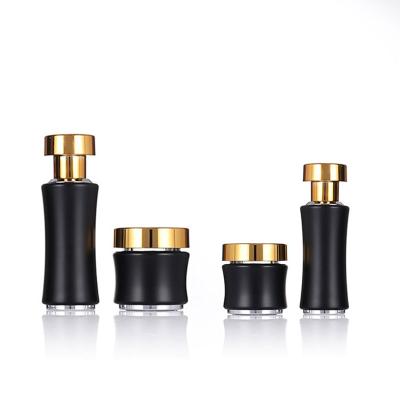 China 30ml 50ml 100ml Cosmetic Dark Acrylic Black Glass Cream Jar Airless Pump Bottles Set With Gold Lid for sale