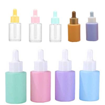 China New Arrival Cosmetic 1oz 30ml Shoulder Flat Cylinder Colorful Clear Frosted Glass Essential Oil Dropper Bottle For Serum Essential Oil for sale