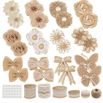 China Custom Bowknot Lace Flowers Bowknot Handmade Flowers Christmas Day Gift Wrapping Jute Twill Edge Ribbon for sale