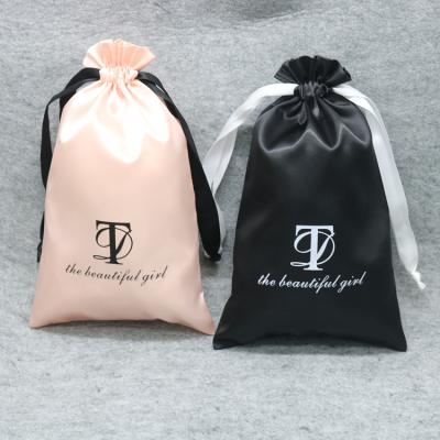 China Soft Logo Printed Satin Underwear Lingerie Pouch Recyclable Custom Drawstring Gift Wrapping Dust Soft Satin Hair Bag for sale