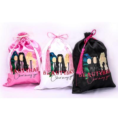 China Recyclable Silk Wig Bags Wholesale Hair Extensions Packaging Storage Bags Drawstring Satin Wig Storage For Hair Bags Wig Bags for sale