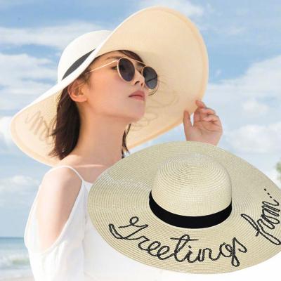 China Fashion Women's Summer Striped Sombreros de Paja Foldable Letter Embroidered Wide Brim Panama Straw Floppy Beach Hat for sale