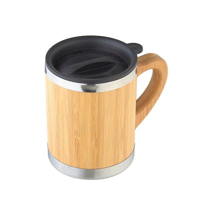 China 12oz 350ml Sustainable Eco-Friendly Vacuum Bamboo Mug With Handle Coffee Mug With Lid Stainless Steel And Bamboo Insulated Travel Mugs for sale