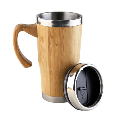 China 450ml Eco-firendly Sustainable Bamboo Insulated Mug With Handle Logo Travel Coffee Mugs With Lids Stainless Steel Custom Drinking Cups for sale