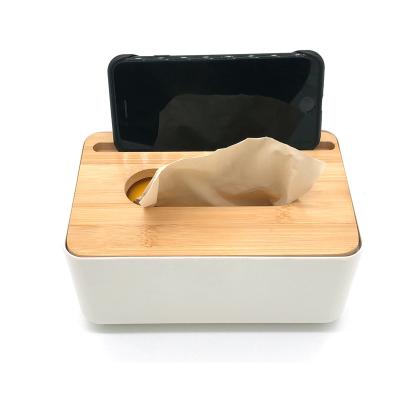 China 2021 New Design Sustainable Bamboo Fiber Tissue Box With Phone Holder For Home / Hotel / Restaurant for sale