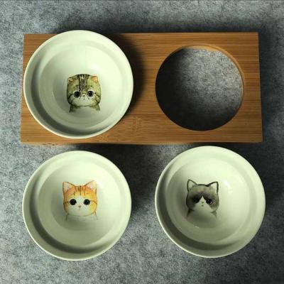 China Sustainable Wholesale New Design Custom Model Double Ceramic Pet Bowls With Bamboo Shelf For Dogs And Cats for sale