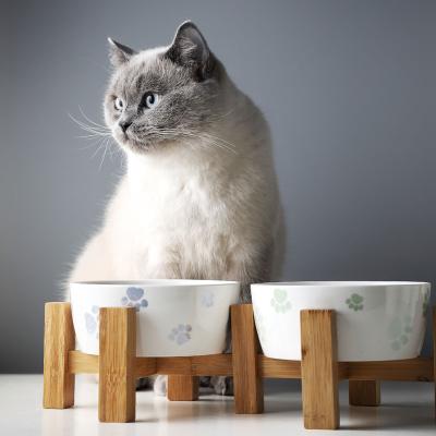 China Sustainable Manufacturer New Design Ceramic Pet Bowls Double Bamboo Stand Pet Bowls For Dogs And Cats for sale