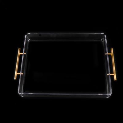 China Home Hotel Restaurant Rectangle Acrylic Serving Tray Clear Storage Tray With Gold Handles for sale