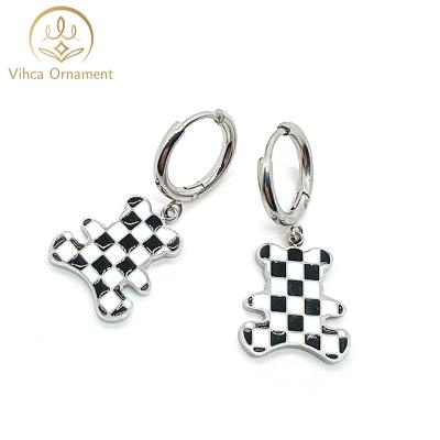 China Beautiful TRENDY Temperament Checkerboard Little Bear Stainless Steel Dangling Earrings For Women for sale