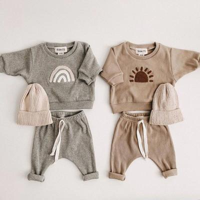 China Casual Kids Baby Clothes Autumn New Boys Girls Long Set Sashes Rainbow Embroidery Children's Clothing Pants 2pcs Hooded Tops +Loose for sale