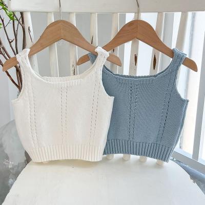 China New 2022 Breathable Sleeveless Knitted Solid Color Vest Baby Kids Summer Child Baby Girls Hollow Out Vest Clothes for sale