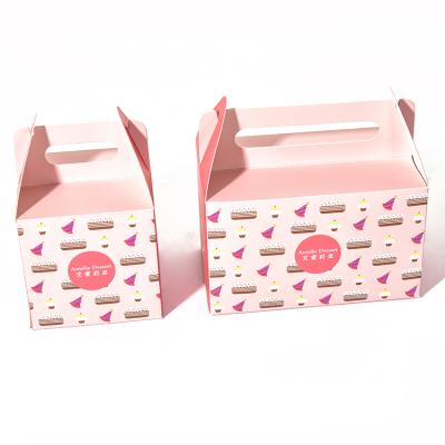 China 2021 Hot Selling Recycled Materials Pink Cake Box With Lovely Handle Card Cute White Paper Box for sale