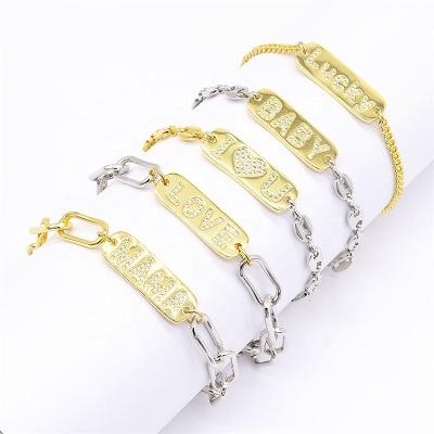 China Romantic Wholesale 18k Gold Plated Jewelry Lucky Cuban Charm Mom Love Chain Bracelet for sale