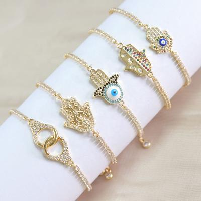 China Newest FASHIONABLE Fatima Hand Evil Eyes Charm Adjustable Lucky Turkish Eyes Gold Bracelet Gold Color for sale