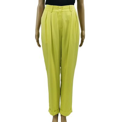 China Hot Selling Yellow Casual Loose Pleated Lady Breathable Suit Pants Womens OEM ODM Long Pants With Pockets for sale