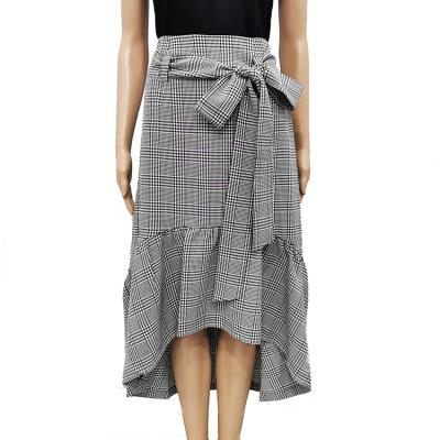 China Breathable Exquisite Workmanship 100%Cotton Seersucker A Bow Plaid Ruffle Long Women Skirt Belt Line for sale