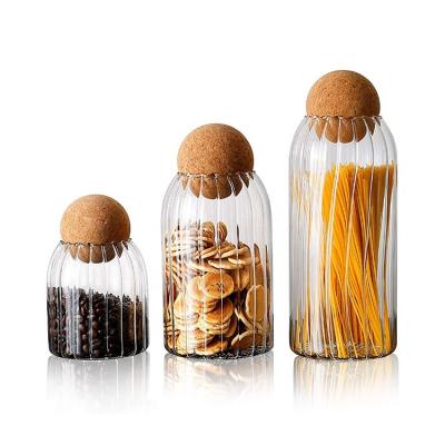 China Microwavable Set of 3 Mouth Clear Glass Candy Wide Jar for Food Storage with Cork Ball Lid for sale