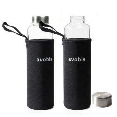 China 550ml Sustainable Glass Drinking Water Bottle With Stainless Steel Neoprene Sleeve And Lid BPA Free for sale