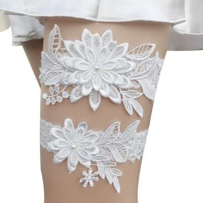 China Polyester 2 Piece Wedding Garters For Bride Bridal White Lace Garter Set Floral Leg Ring With Hand Sewn Faux Pearl Accessories for sale