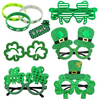 China Plastic+Cloth St Patrick's Day Glass Set - 8 Packs, Shamrock Bracelets Glasses Rubber Strap, Glitter Clover Hat Eyewear for sale