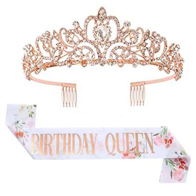 China Wholesale New Satin +Alloy Queen Sash Tiara Crown Flower Pattern Birthday Girl's Birthday Gifts Birthday Party Decorations for sale