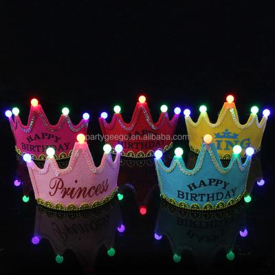 China Plastic+Non-woven Happy Birthday Hat King Princess Luminous Led Birthday Hat Cap Colorful Non-woven New Year Birthday for sale