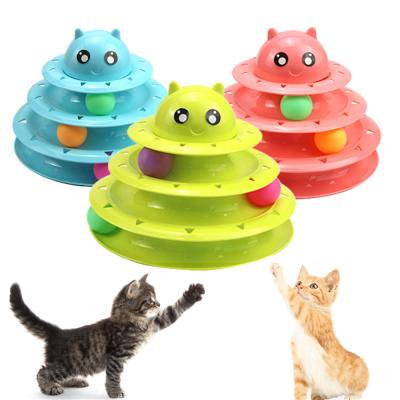 China Viable Funny Plastic Disc 3 Layer Kitten Tower Turntable Cat Toys Circle Detachable Rotating Happy Lane for sale