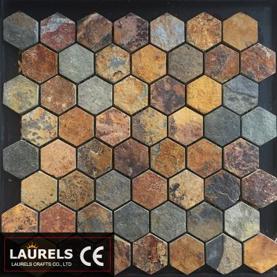 China Hot Selling Rusty Natural Slate Hexagon Mosaic Parquet for Garden Decoration for sale