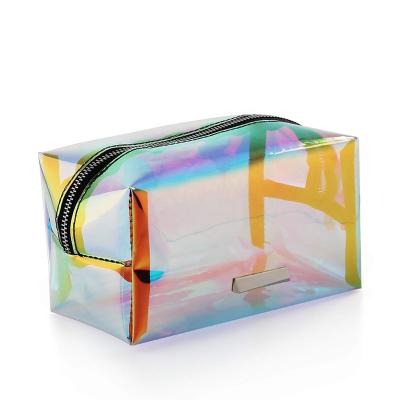 China Durable Plastic Zipper Waterproof Toiletries Bag Iridescent Makeup Cosmetic Organizer Pouch Lockable PVC Cosmetic Bag For Women Girls for sale