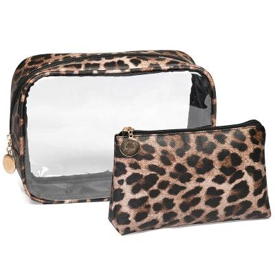 China Durable Leopard Print 2pc Set Clear Zipper Women Travel Cosmetic Bags Brush Pouch Toiletry Wash Bag Portable Travel Make Up Case Pouch for sale