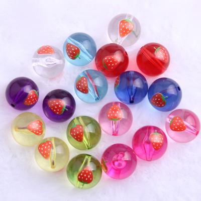 China Fashion Wholesales Bulk New 100pcs 20mm Fashion Jewelry Necklace Acrylic Round Chunky Strawberry Beads Transparent Clear Printing Fruit for sale