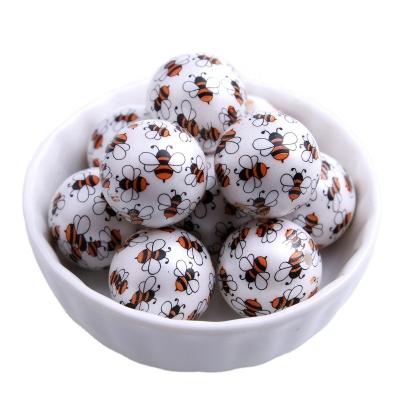 China Fashion Wholesale 100pcs Chunky Jewelry Necklace Cheap Acrylic Bee Printing Beads Loose Round Matte Pearl Beads 20mm for sale