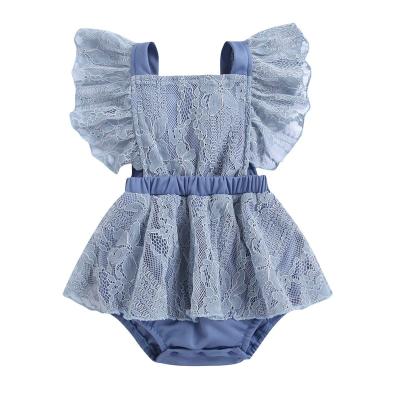 China Toddler Girls Summer Backless Outfit Baby Navy Blue Summer Sale Fly Sleeve Fly Lace Tutu Rompers Loose Warm Solid Fly Sleeve Outfit for sale