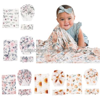 China Anti-Static 3pcs Set Premium Pearl Vintage Floral Baby Wraps With Headband Knitted Cotton Newborn Receiving Blanket Wrapping Blankets for sale