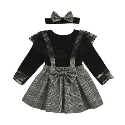 China Washable 1-5 Years Kids Black Princess Dress 3 Piece Girls Girls Outfits Headband Lace Long Sleeve Top And Plaid Pinafore Dress for sale