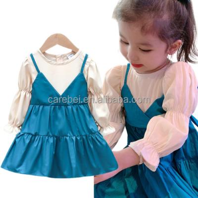 China Casual Anti-wrinkle Toddler Babies Gem Blue Lantern Sleeve Princess Dress Chiffon Patchwork Knee Length Dresses Girls Long Dress for sale