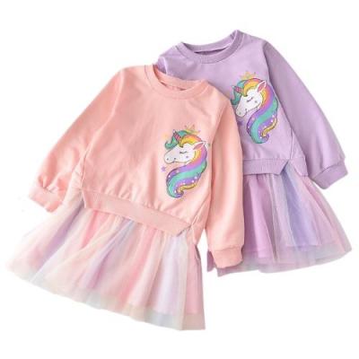 China Colorful Unicorn Design Hoodies Rainbow Lace Anti-wrinkle Dress Birthday Party Knee Length Skirt Princess Dress For Girls for sale