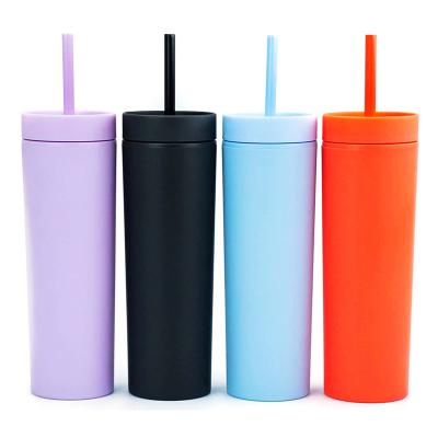 China Sustainable Hot Selling Double Wall 16OZ Skinny Plastic Straight Matte Water Cup Tumbler With Straw And Lid for sale