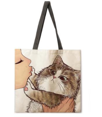 China Other Beach Casual Canvas Reusable Outdoor Bag Cat Kiss Tote Shopping Bag Casual Tote Bag for sale