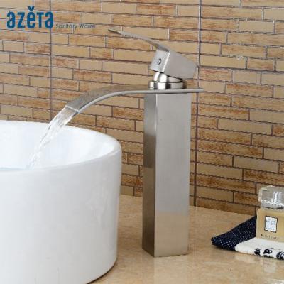 China Metered Faucets Single Handle Square Brush Nickel Waterfall Brass Bathroom Sink Faucet for sale