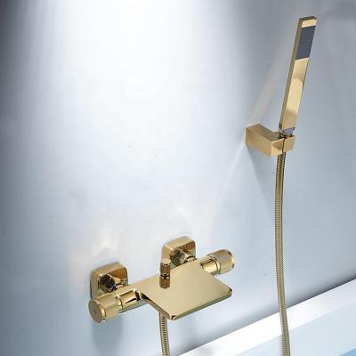 China Without Slide Bar Luxury Gold Handles Waterfall Bath Mixer Tap Brass Wall Mounted Double Taps Bathroom Faucets for sale