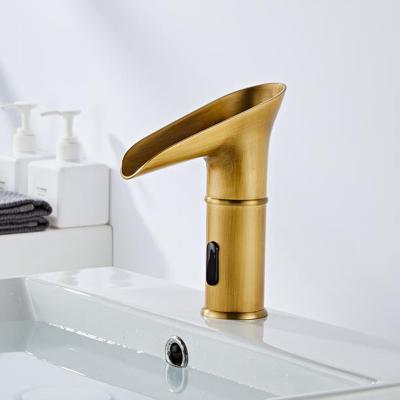 China Bathroom Antique Brass Waterfall LED Light Cold Water Touchless Automatic Sensor Faucet For Wash Basin for sale